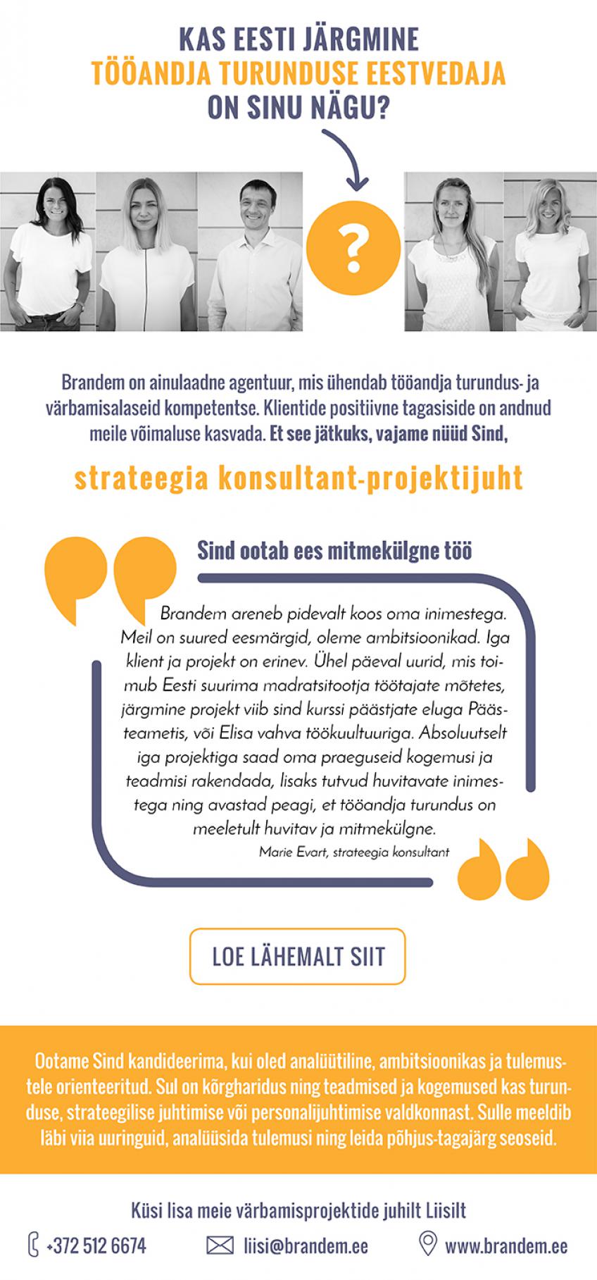 Brandem otsib strateegia projektijuhti töökuulutus